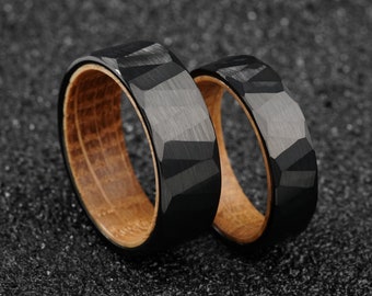 Black Hammered Ring, Unique Whiskey Barrel Mens Wedding Band, Tungsten Wedding Promise Rings, Engagement Rings for Men, Anniversary Ring