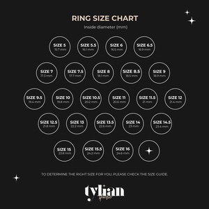 May include: A ring size chart with a black background and white text. The chart shows the inside diameter of rings in millimeters, ranging from size 5 to size 16.