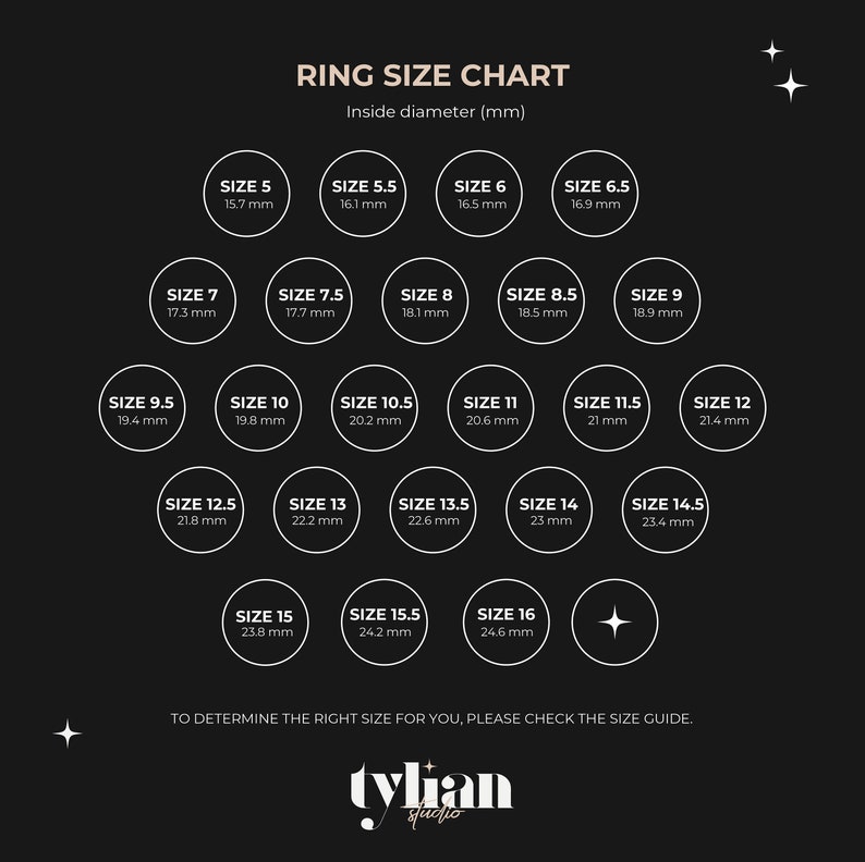 K&ouml;nnte beinhalten: Eine Ringgr&ouml;&szlig;entabelle mit schwarzem Hintergrund und wei&szlig;em Text. Die Tabelle zeigt den Innendurchmesser von Ringen in Millimetern, von Gr&ouml;&szlig;e 5 bis Gr&ouml;&szlig;e 16.