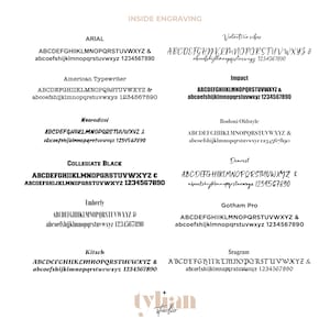 K&ouml;nnte beinhalten: Ein Grafikdesign-Bild, das verschiedene Schriftstile f&uuml;r das Alphabet zeigt, darunter Arial, American Typewriter, Neoradical, Collegiate Black, Emberly, Impact, Bodoni Oldstyle, Dearest, Gotham Pro, Kitsch und Seagram. Das Bild enth&auml;lt auch den Text "Inside Engraving" und "tylan studio".