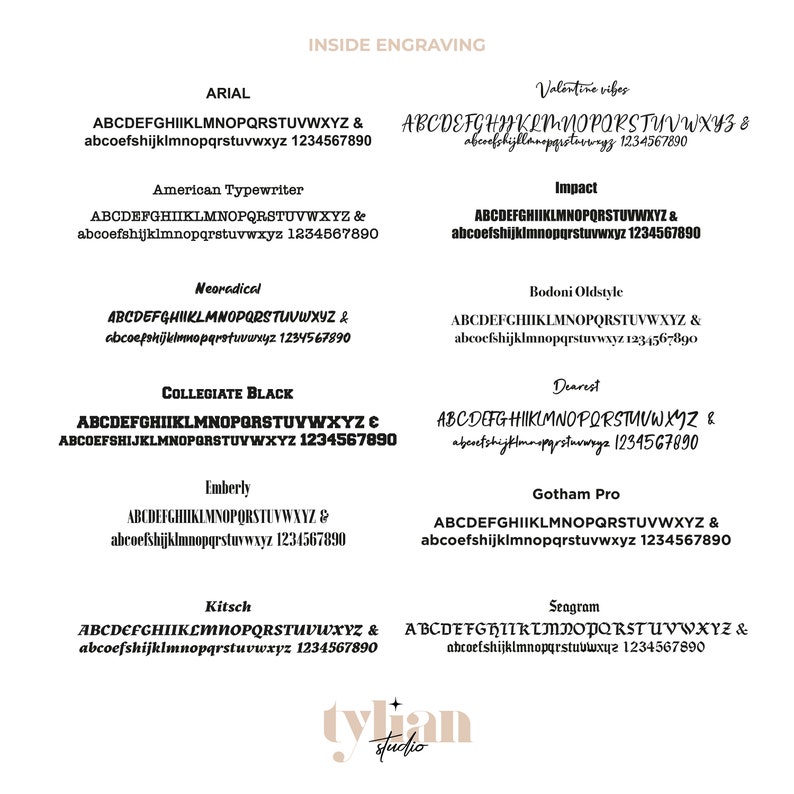 K&ouml;nnte beinhalten: Ein Grafikdesign-Bild, das verschiedene Schriftstile f&uuml;r das Alphabet zeigt, darunter Arial, American Typewriter, Neoradical, Collegiate Black, Emberly, Impact, Bodoni Oldstyle, Dearest, Gotham Pro, Kitsch und Seagram. Das Bild enth&auml;lt auch den Text "Inside Engraving" und "tylan studio".
