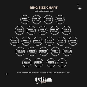 May include: A ring size chart with a black background and white text. The chart shows the inside diameter of rings in millimeters, ranging from size 5 to size 16.