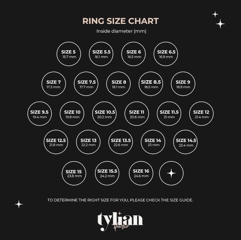 May include: A ring size chart with a black background and white text. The chart shows the inside diameter of rings in millimeters, ranging from size 5 to size 16.