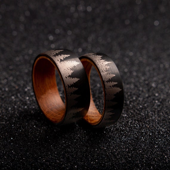 Forest Whiskey Barrel Ring, Mountain Mens Wedding Band, Unique Wedding Ring, Wood Tungsten Ring, Wedding Band, His Engraved Engagement Ring
