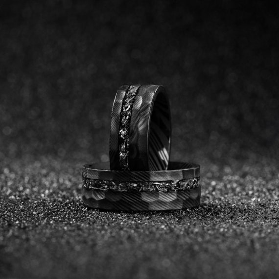 Ring Meteorite, Black Damascus Steel Ring, Inner Hammered Ring, Wedding Band Ring 8mm, Wedding Promise Rings, Engagement Rings for Men