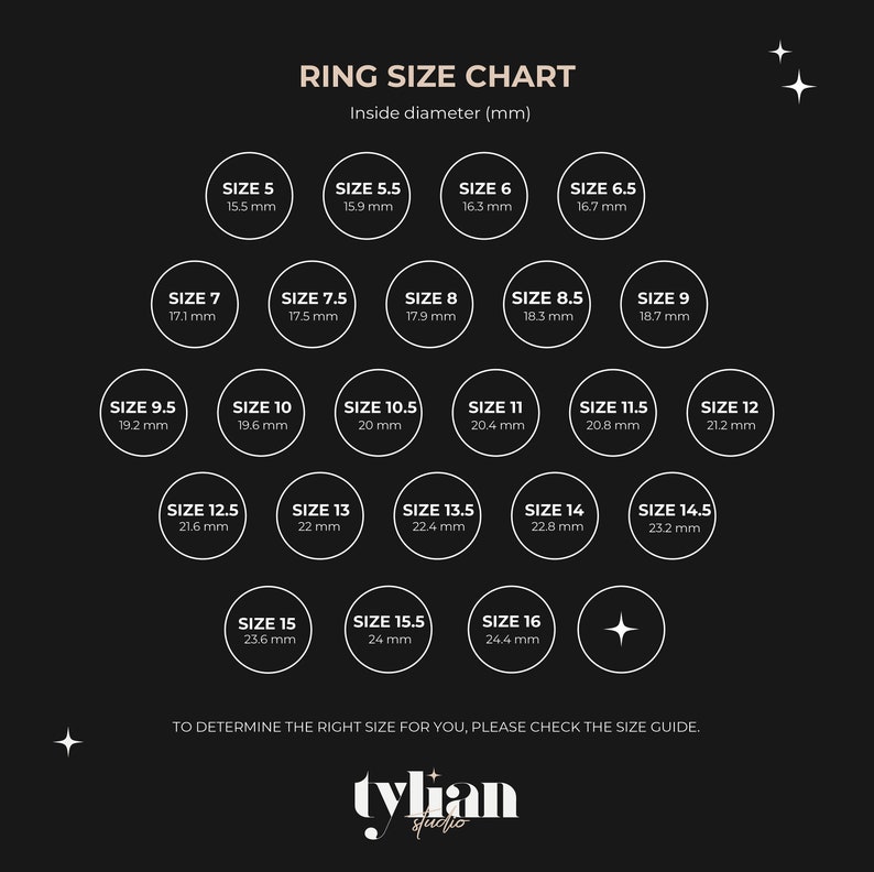 K&ouml;nnte beinhalten: Eine Ringgr&ouml;&szlig;entabelle mit schwarzem Hintergrund und wei&szlig;em Text. Die Tabelle zeigt den Innendurchmesser von Ringen in Millimetern, von Gr&ouml;&szlig;e 5 (15,5 mm) bis Gr&ouml;&szlig;e 16 (24,4 mm).