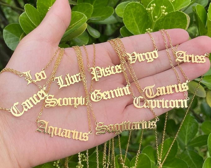 18K Gold Zodiac Astrology Necklace, Horoscope Celestial Word Jewelry, Summer Jewelry, Taurus Gemini Cancer Name Necklaces, Gift For Her