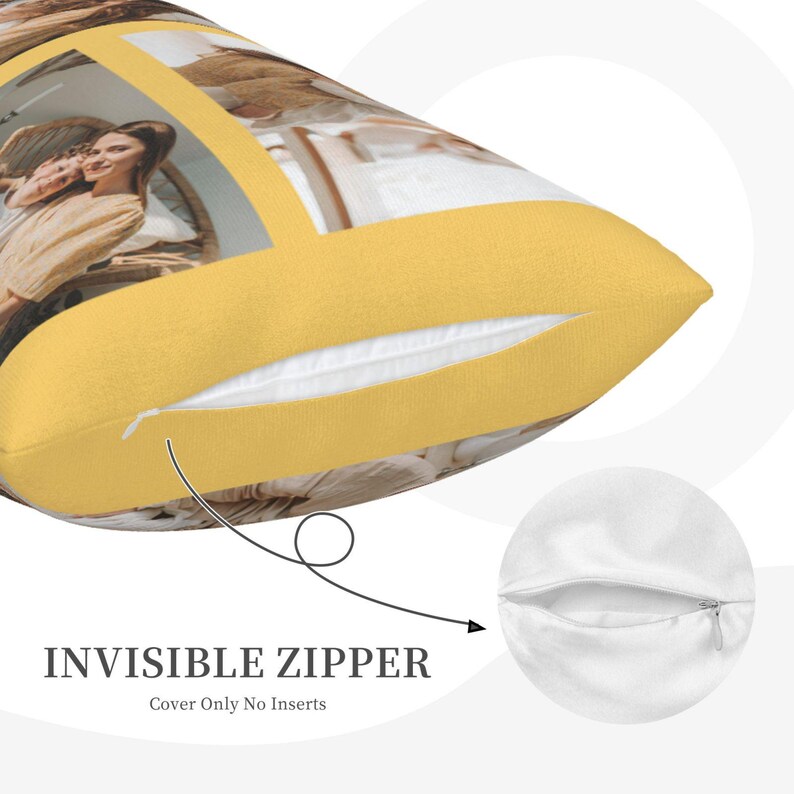 May include: A yellow pillow cover with a concealed zipper. The cover features a collage of photos with a yellow border. The text "Invisible Zipper Cover Only No Inserts" is printed below the image.