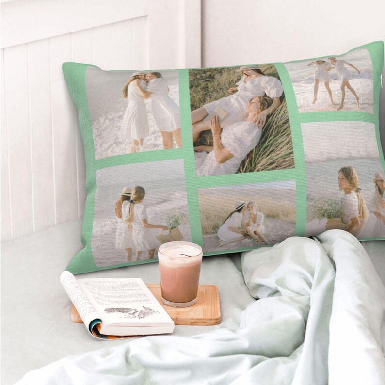 May include: A green pillow featuring a collage of six photographs of women in white dresses on a beach. The images are arranged in a grid pattern and have a light green border.