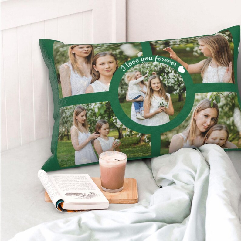 May include: A green pillow with a collage of photos of girls. The pillow has a white circle with the text "I love you forever" in a green circle.