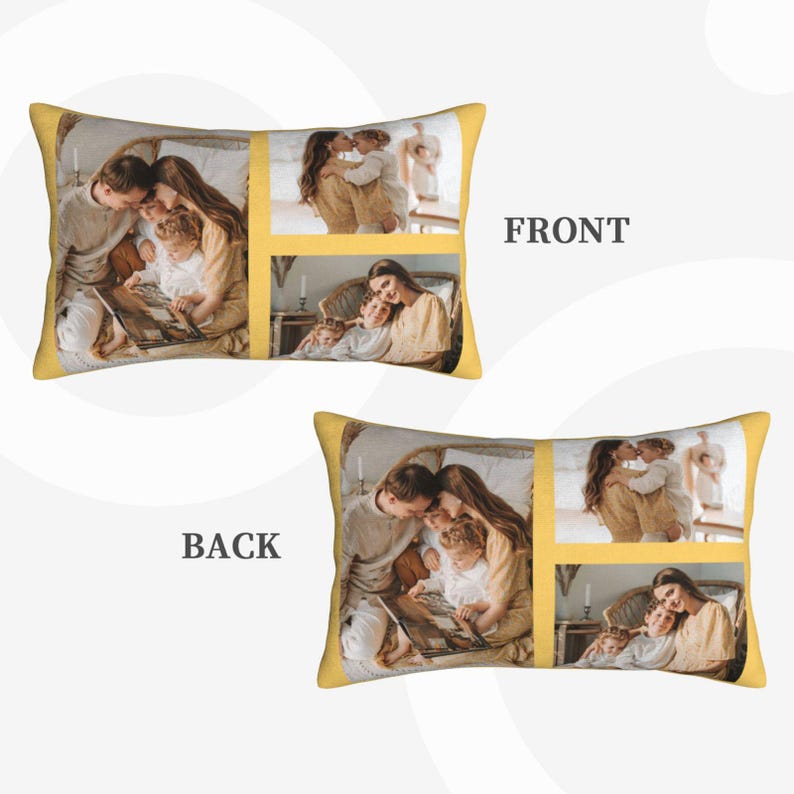 May include: A yellow pillow featuring a collage of four photographs of families. The front of the pillow displays two families, one with a mother and two children, and the other with a father and two children. The back of the pillow shows two families, one with a mother and two children, and the other with a father and two children.