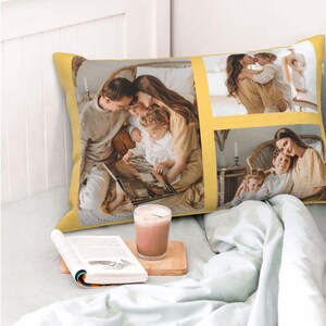 May include: A yellow pillow featuring a collage of four photographs of a family. The images depict a family of four reading a book, a mother and daughter embracing, and a mother and son embracing.