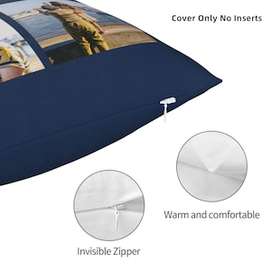 K&ouml;nnte beinhalten: Ein dunkelblauer Kissenbezug mit einem verdeckten Rei&szlig;verschluss. Der Bezug zeigt eine Collage aus Fotos, die auf die Vorderseite gedruckt sind. Der Text "Cover Only No Inserts" ist in der oberen rechten Ecke des Bildes gedruckt.