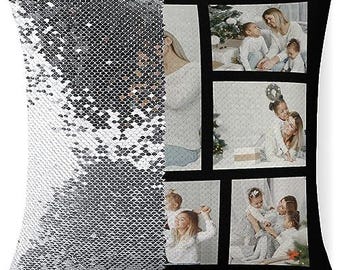 Könnte beinhalten: Ein Kissen aus schwarzen und weißen Pailletten mit einer Collage von Familienfotos. Die Fotos zeigen Menschen unterschiedlichen Alters und Geschlechts, die zusammen lächeln und lachen. Die Fotos sind in einem Raster auf dem Kissen angeordnet.