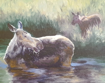Moose and Calf Art Print (Wildlife Giclée Canvas Print)