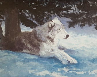 Lone Wolf Nocturne Print "Basking in The Moonlight" (Wildlife Mounted Giclée Canvas Print)