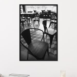Black and White Parisian Cafe Chairs and Tables - Fine Art Photography Bistro Wall Art Print