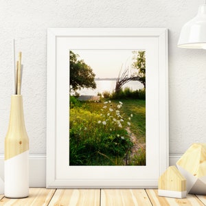 May include: A framed photograph of a lake scene with a wooden jetty in the distance. The lake is surrounded by green trees and grass. White flowers are in the foreground.
