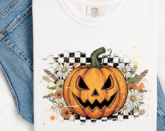 Grunge Pumpkin Daisy Checkerboard PNG | 300 DPI Fall Jack-O-Lantern