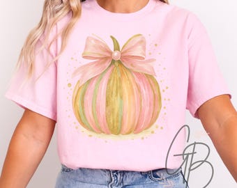 Pastel Pumpkin PNG: Pink & Gold Bow, Fall Sublimation Design (300 DPI Digital Download