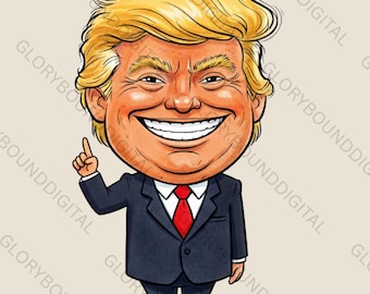 May include: Cartoon illustration of a man with orange skin, blonde hair, and a wide smile. He wears a dark blue suit, a red tie, and points upwards with his index finger. The background is a light beige color.