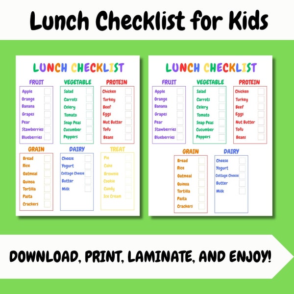 Lunch Checklist for Kids| Healthy Eating Habits for Kids | Meal Planning Checklist | Lunch Packing Sheets |