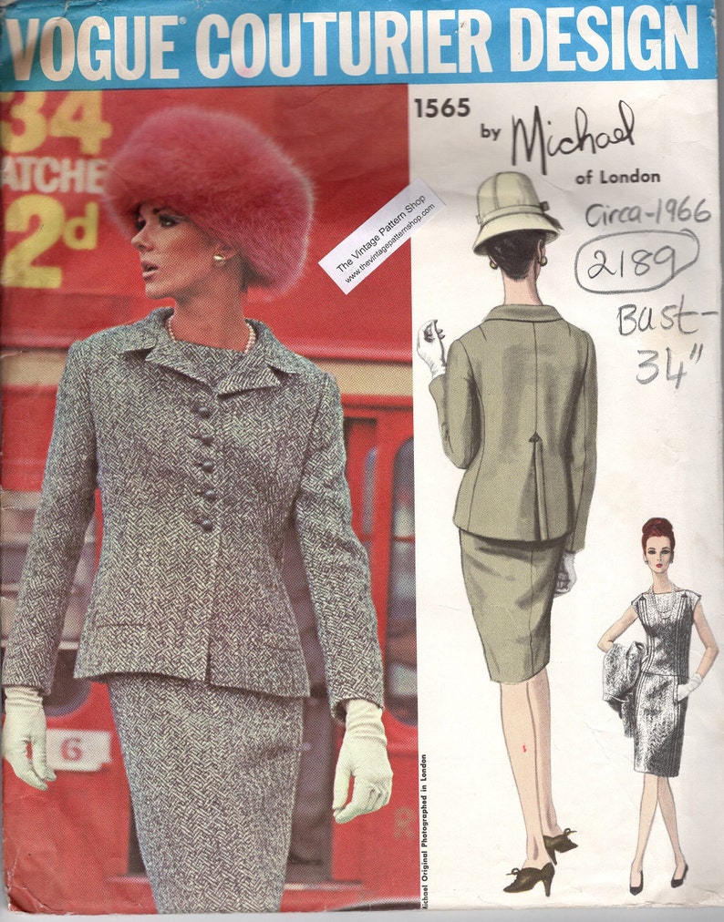1966 Vintage VOGUE Sewing Pattern B34in Onepiece DRESS & JACKET 2189 by Michael of London Vogue