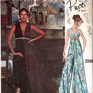 May include: A vintage Vogue Couturier Design pattern for a Pucci jumpsuit, featuring a geometric print in shades of blue and white. The pattern is for a size 36 bust and is circa 1969. The pattern number is 2249.