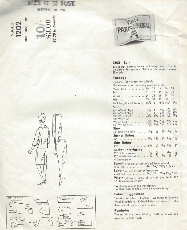 Patron Couture Vogue 1963 Lanvin Castillo - Costume Et Chemisier Taille B32″, Vintage