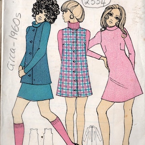 May include: A vintage sewing pattern for a dress, circa 1960s. The pattern is for a le-roy Weldons dress, size 16, bust 38. The pattern includes three different styles of dresses, one with a plaid print, one with a solid pink color, and one with a solid blue color. The pattern number is 9001.