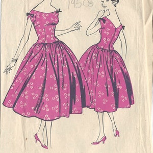 May include: A vintage sewing pattern for a dress from the 1950s. The pattern is for a dress with a fitted bodice and a full skirt. The pattern is illustrated with two women wearing the dress.