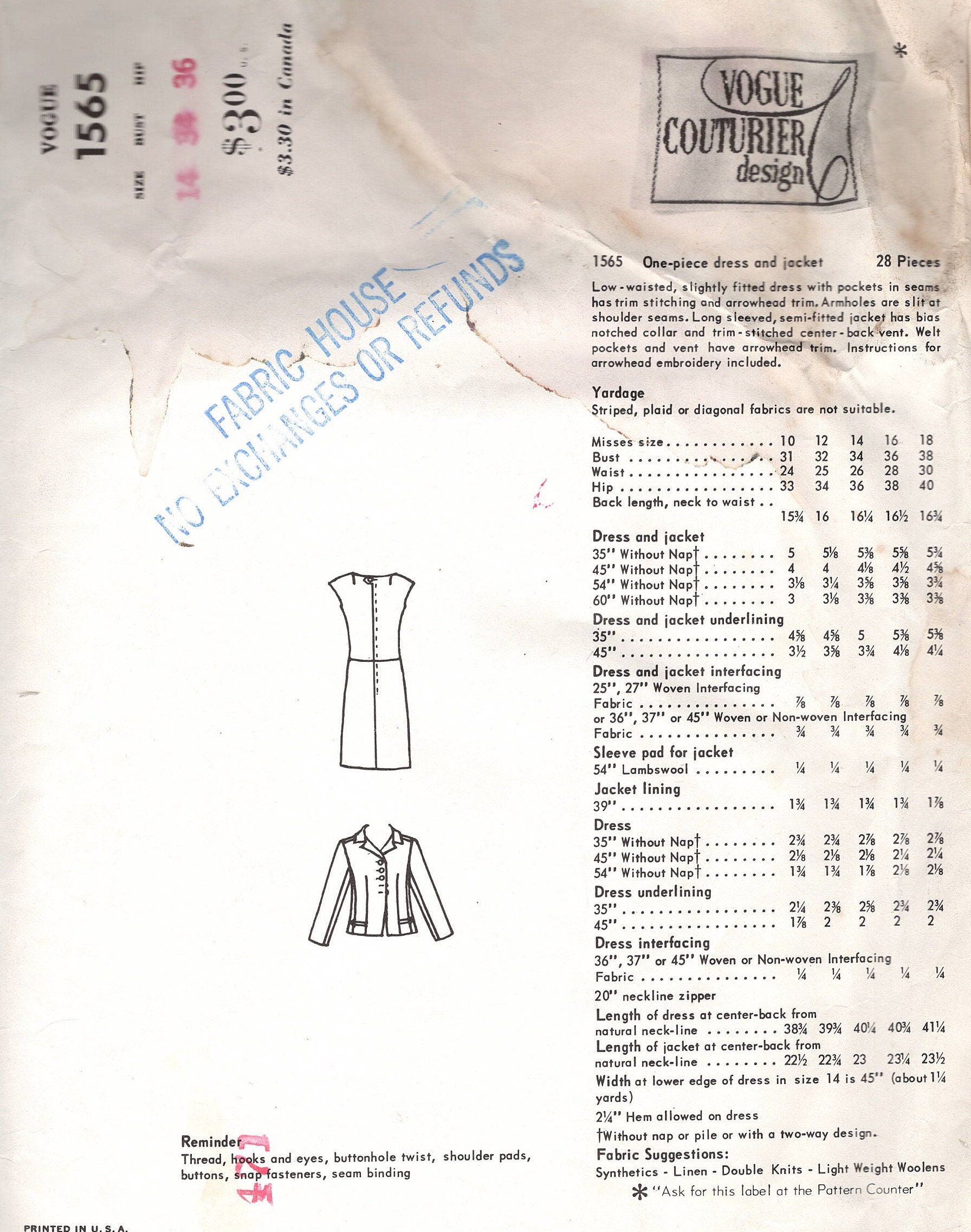 1966 Vintage VOGUE Sewing Pattern B34in Onepiece DRESS & JACKET 2189 by Michael of London Vogue