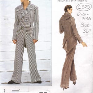 May include: A sewing pattern envelope for an Issey Miyake Vogue Designer Original suit, pattern 2520, circa 1996. The front shows a black and white striped double-breasted jacket and trousers, while the back illustration displays a brown suit design.