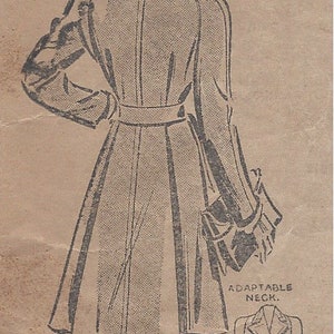 May include: A vintage sewing pattern for a coat with a belted waist and an adaptable neck. The pattern number is 3356 and the size is 8. The pattern includes a drawing of a woman wearing the coat and a smaller drawing of the coat itself.