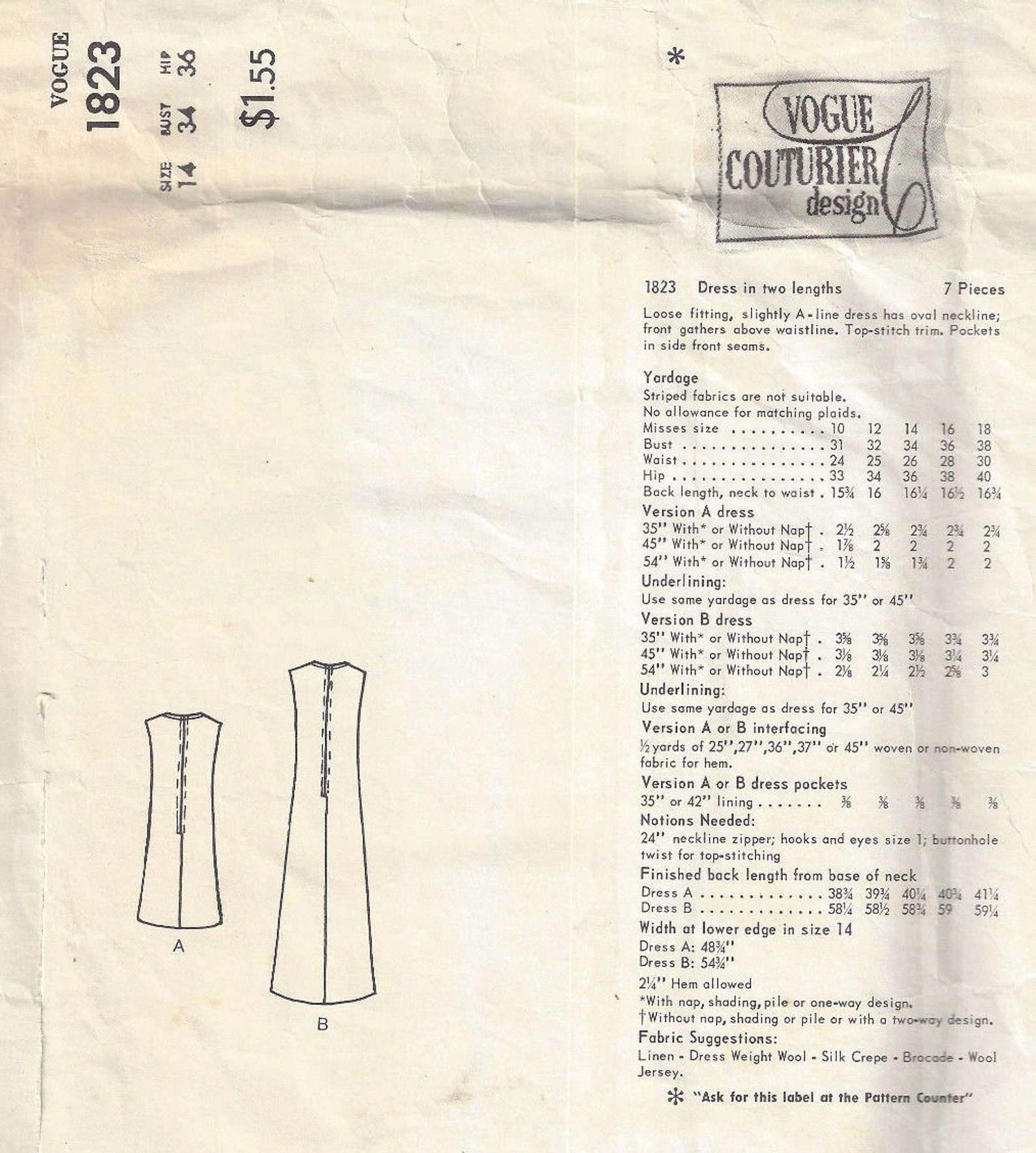 Patron de couture VOGUE vintage des années 1960 B34 ROBE
