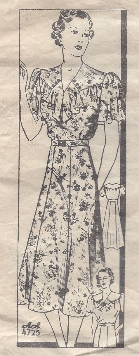 1930s Vintage Sewing Pattern DRESS B38" (16) ANNE ADAMS 4725