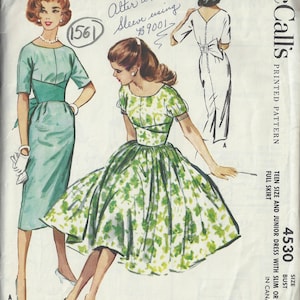 May include: Vintage sewing pattern for a dress with a full skirt. The pattern is from McCall's and is for teen and junior sizes. The pattern number is 4530 and the bust size is 34. The pattern includes instructions for altering the sleeve to a short puff.
