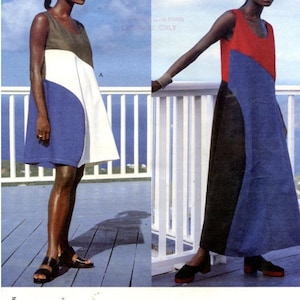 May include: A Vogue Patterns sewing pattern envelope for an Issey Miyake designer original dress, number 1563. The cover displays two sleeveless dress variations featuring color-blocked panels in olive, white, blue, red, and black.