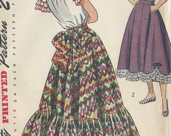 May include: Vintage sewing pattern for a skirt with a zig-zag pattern and a ruffled hem. The pattern is printed on a white background with the text "Simplicity Printed Pattern" and "Details Printed on Each Pattern Piece".