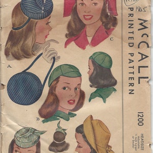 1945 Vintage Sewing Pattern S23&quot; HAT, CAP & BAG (R718)  McCall 1200