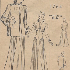 May include: A vintage sewing pattern for a dress and jacket. The pattern is for sizes 38-44 and is from Butterick Pattern 1764.