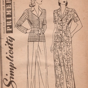 May include: Vintage sewing pattern showing two outfits. One is a plaid jacket and trousers, the other a floral print short-sleeved shirt and trousers. The pattern includes the text "Simplicity Primer" and "Guide for Cutting and Sewing".