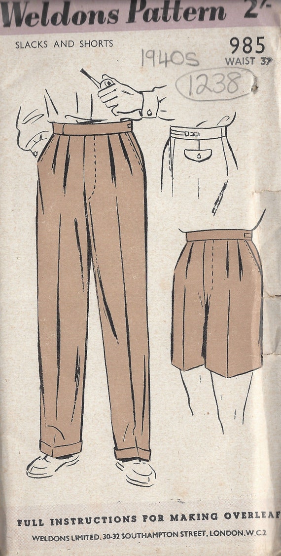 1940s WW2 Vintage Sewing Pattern W37 MENS PANT Trousers SHORTS