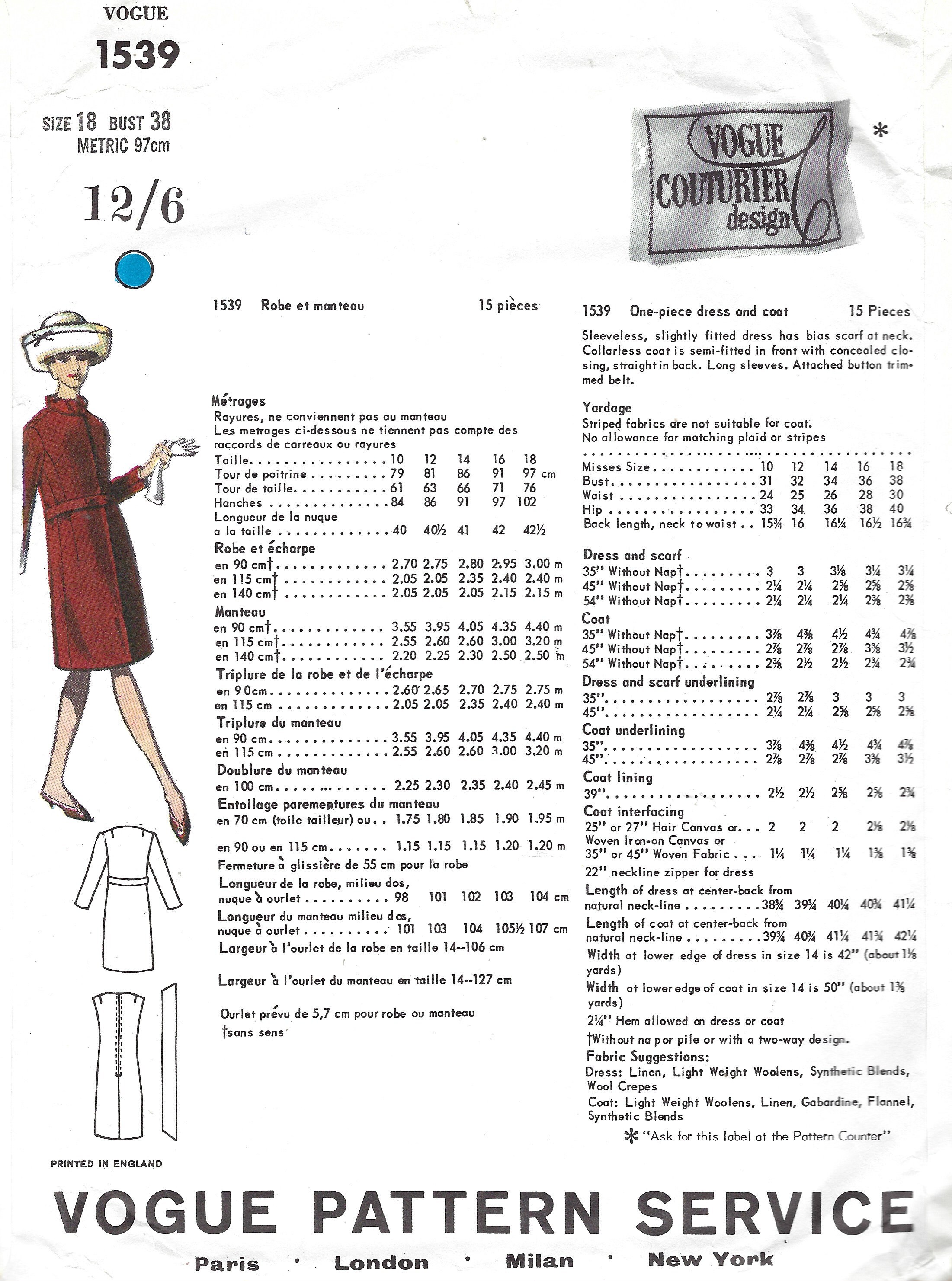 Patron De Couture Vogue By 'Patou' 1968 - Robe & Manteau Motif B38 (1397R) - Vintage Années 60 - Neuf