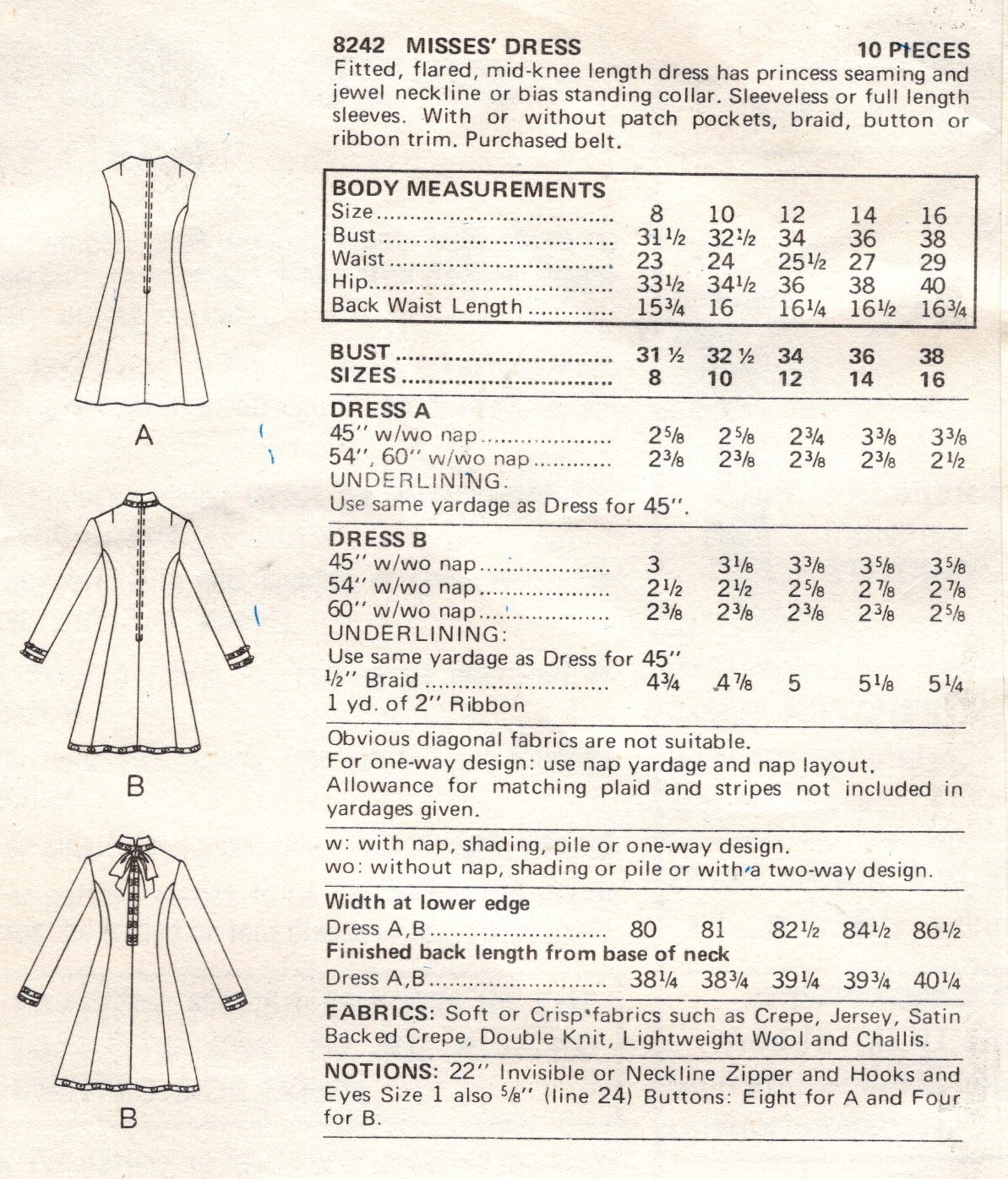 Patron De Couture Vintage Vogue Années 70 - Robe Bustier Motif - Taille 86.4cm (1984)