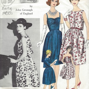 May include: A vintage sewing pattern for a dress, featuring three women wearing different styles of dresses. The pattern is from Vogue Couturier Design, by John Cavanagh of England. The pattern number is 1081 and the year is 1960s.