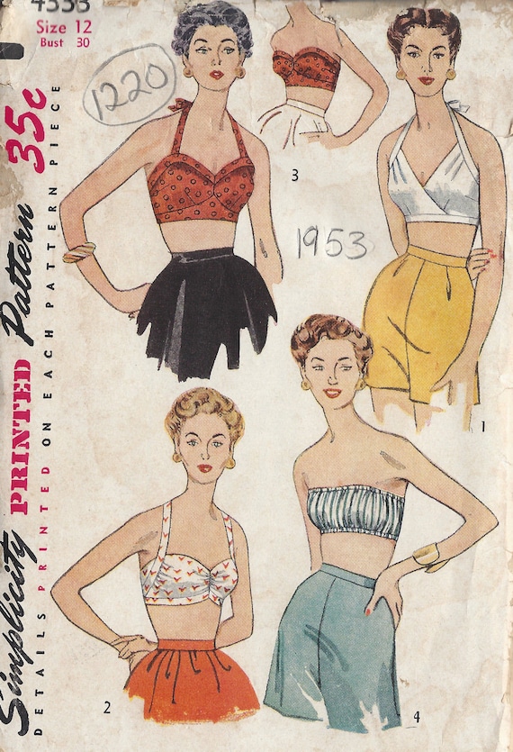 1953 Vintage Sewing Pattern B30 BRA TOPS 1220 by Simplicity 4333