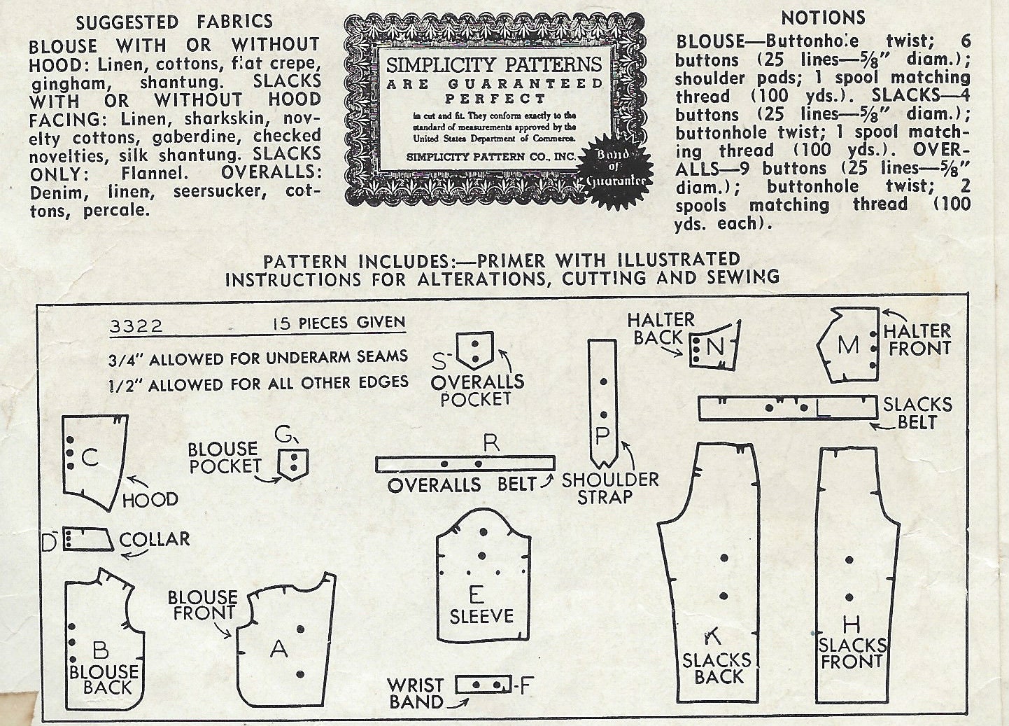 Patron De Couture Vintage Simplicity Années 1940 - Blouse, Pantalon, Combinaison - Taille B38/W32 - Neuf