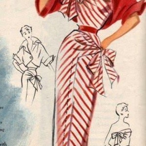 May include: A red and white striped dress with a red sash and a red bolero jacket. The dress has a fitted bodice and a full skirt. The model is wearing red shoes. The text "Cool Shoulders" is at the top of the image.