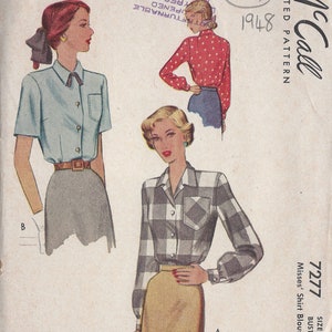 May include: Vintage McCall printed pattern for a Misses' shirt blouse. The illustration shows three shirt blouse designs: a light blue short-sleeved shirt, a red polka-dot long-sleeved shirt, and a black and white plaid long-sleeved shirt. The pattern number is 7277.